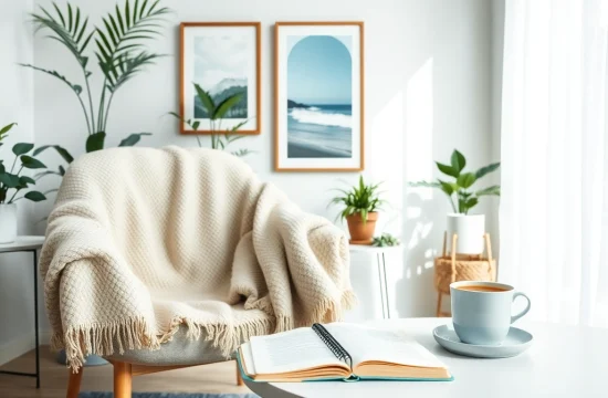 Showcase mental health tips in a tranquil workspace emphasizing calm and relaxation.